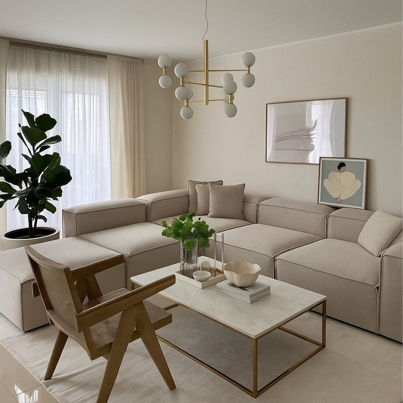 Malazhouse Natural Wood and Linen Fabric L-Shape Sofa and 2 Pouf - Beige - Image 3